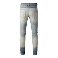Men's White Print & Pleated Patch Detail Slim-Cut Ripped Jeans
