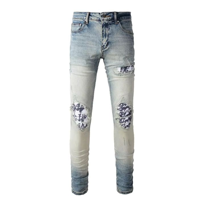 Men's White Print & Pleated Patch Detail Slim-Cut Ripped Jeans