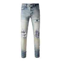 Men's White Print & Pleated Patch Detail Slim-Cut Ripped Jeans