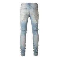 Men's Worn-In Classical Blue Leather Yellow Ribs Pieced Design