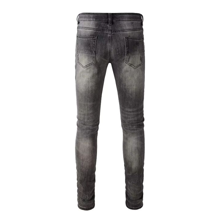 Men's Grey PU Leather & Skinny Fit Distressed Jeans