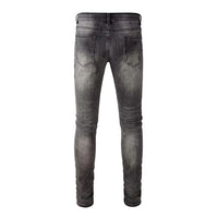 Men's Grey PU Leather & Skinny Fit Distressed Jeans