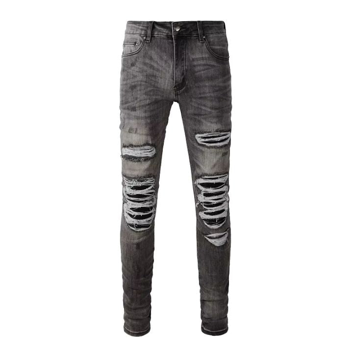 Men's Grey PU Leather & Skinny Fit Distressed Jeans