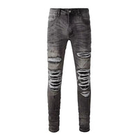 Men's Grey PU Leather & Skinny Fit Distressed Jeans