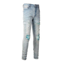 Men's Blue Leather Ribs & Distressed Slim-Cut Torn Jeans