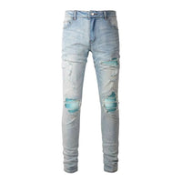 Men's Blue Leather Ribs & Distressed Slim-Cut Torn Jeans