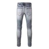 Men's Black PU Leather & Pleated Patch Detail Slim-Cut Ripped Grey Jeans