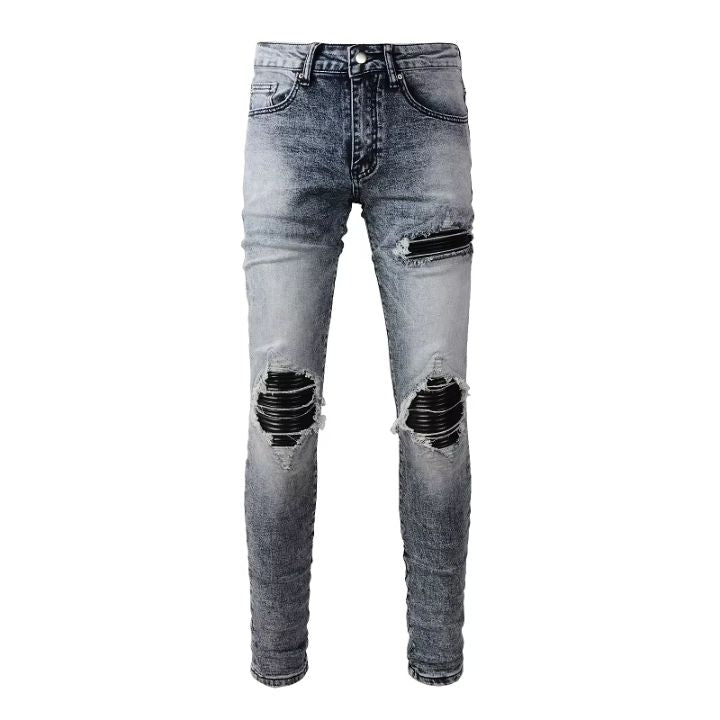 Men's Black PU Leather & Pleated Patch Detail Slim-Cut Ripped Grey Jeans