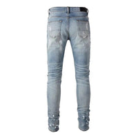Men's Blue Faceted Crystal Patch Slim-Cut Ripped Jeans