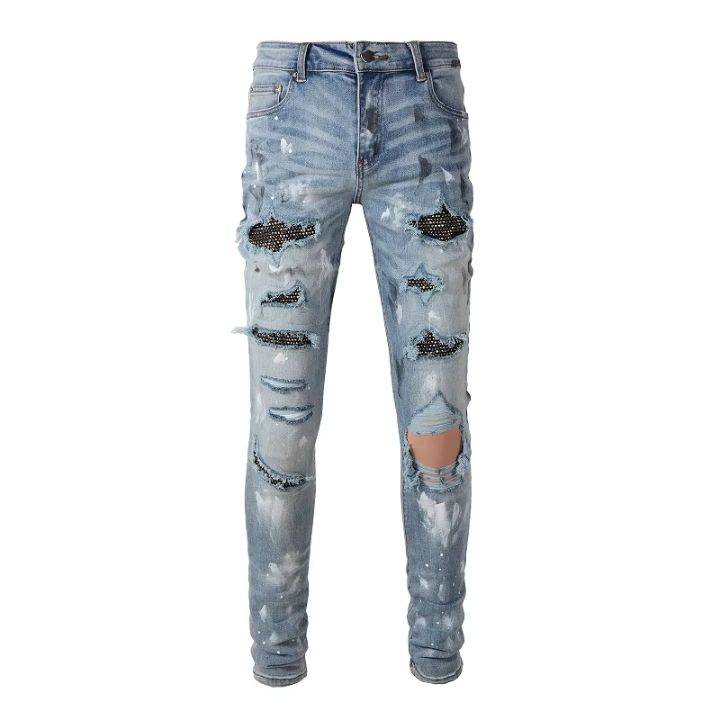 Men's Blue Faceted Crystal Patch Slim-Cut Ripped Jeans