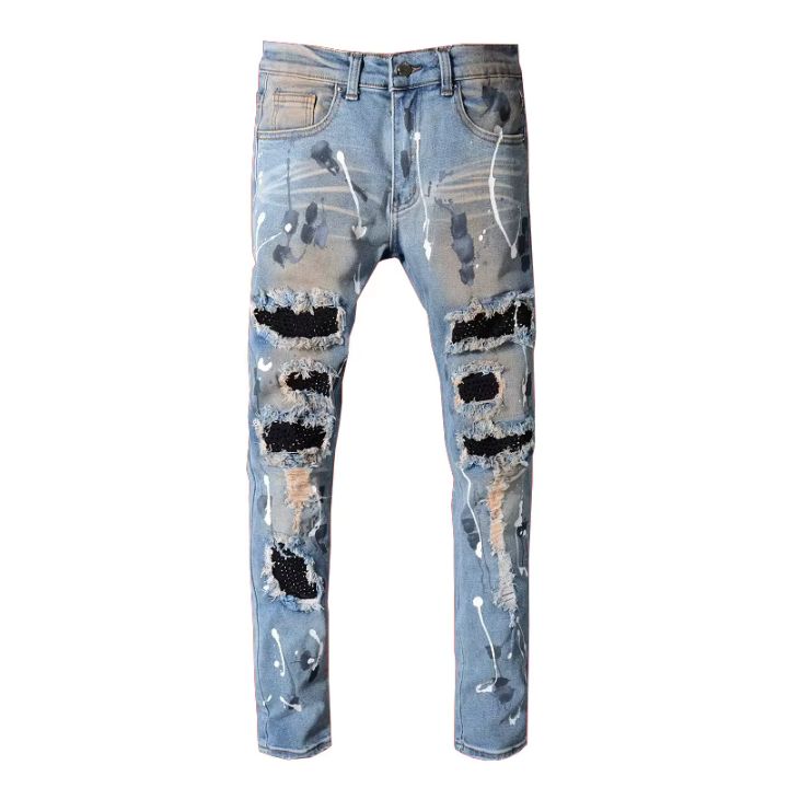 Men's Blue Slim-Cut Faceted Crystal-Patch Ripped Jeans