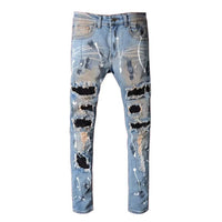 Men's Blue Slim-Cut Faceted Crystal-Patch Ripped Jeans