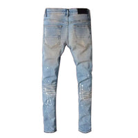 Men's Blue Slim-Cut Faceted Crystal-Patch Ripped Jeans