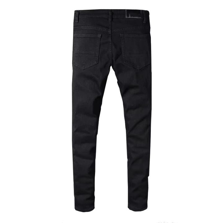 Black Faceted Crystal-Patch Slim-Cut Rhinestones Ripped Jeans