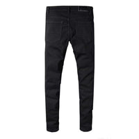 Black Faceted Crystal-Patch Slim-Cut Rhinestones Ripped Jeans