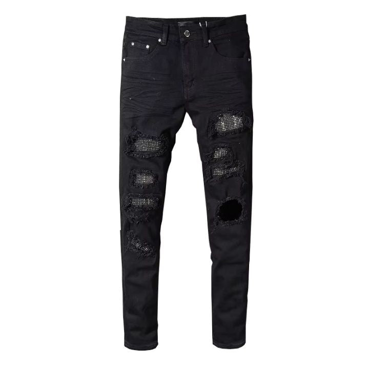 Black Faceted Crystal-Patch Slim-Cut Rhinestones Ripped Jeans