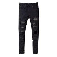 Black Faceted Crystal-Patch Slim-Cut Rhinestones Ripped Jeans