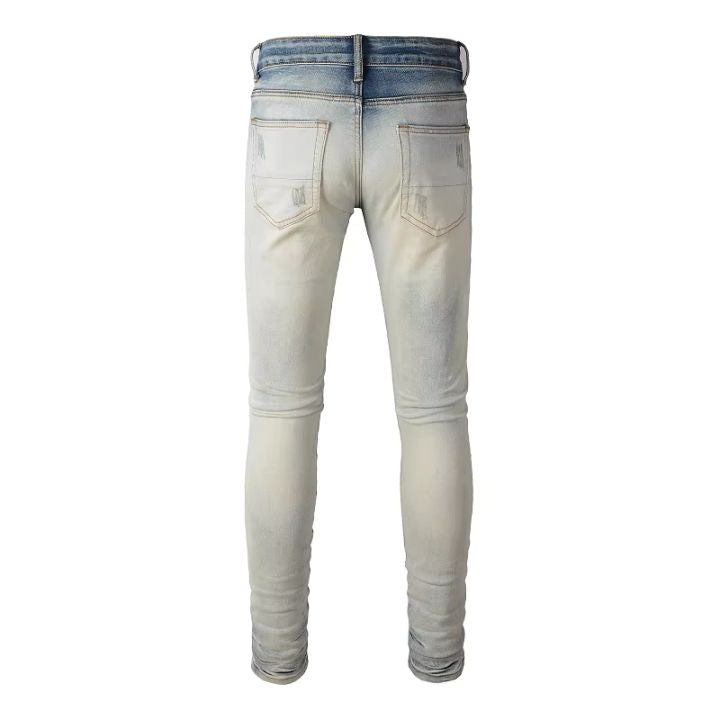 Men's Faceted Crystal Patch Distressed Slim-Cut Jeans
