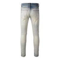 Men's Faceted Crystal Patch Distressed Slim-Cut Jeans