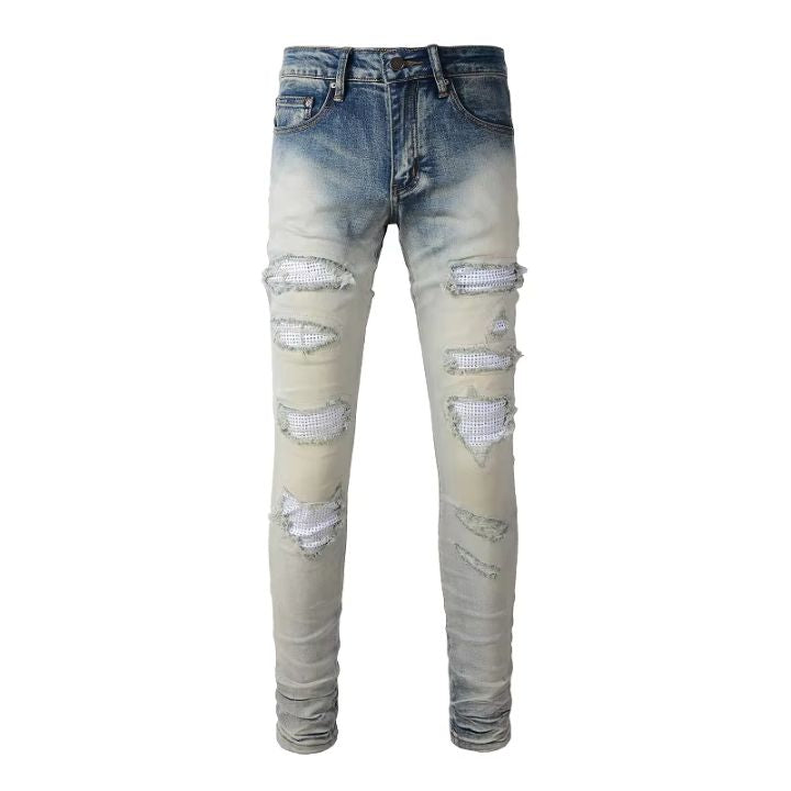 Men's Faceted Crystal Patch Distressed Slim-Cut Jeans