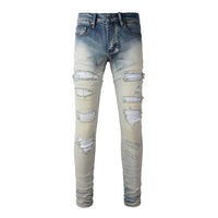 Men's Faceted Crystal Patch Distressed Slim-Cut Jeans