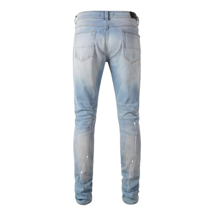 Men 's Blue Slim-Cut Jeans with Black Faceted Crystal Patches