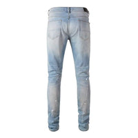 Men 's Blue Slim-Cut Jeans with Black Faceted Crystal Patches