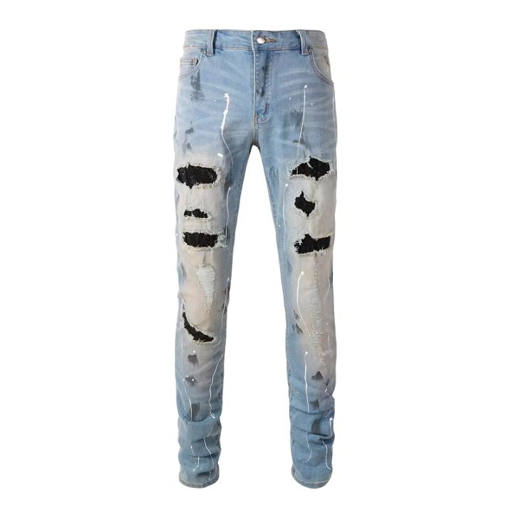 Men 's Blue Slim-Cut Jeans with Black Faceted Crystal Patches