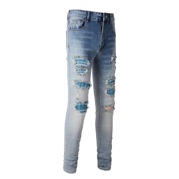 Men 's High Street Slim-Cut Light Blue Torn Jeans