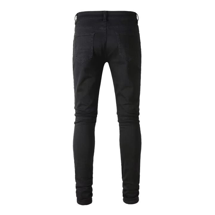 Men 's Black Skinny Fit Distressed Jeans with Crystal Patchwork