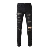 Men 's Black Skinny Fit Distressed Jeans with Crystal Patchwork
