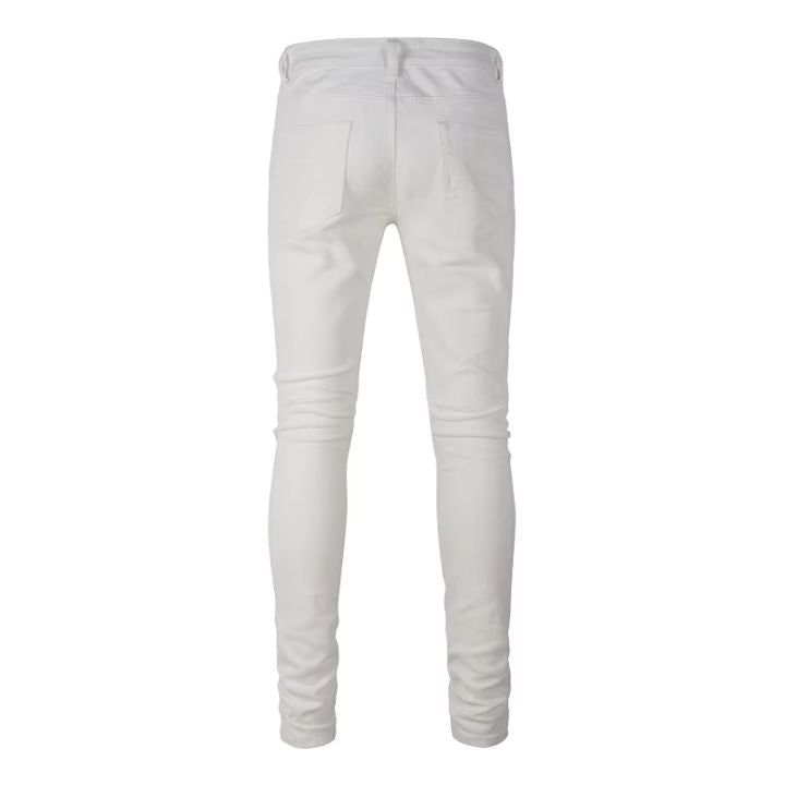 Men's Beige White Slim Fit Distressed Jeans with Transparent Faceted Crystals