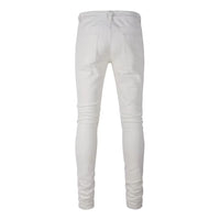 Men's Beige White Slim Fit Distressed Jeans with Transparent Faceted Crystals