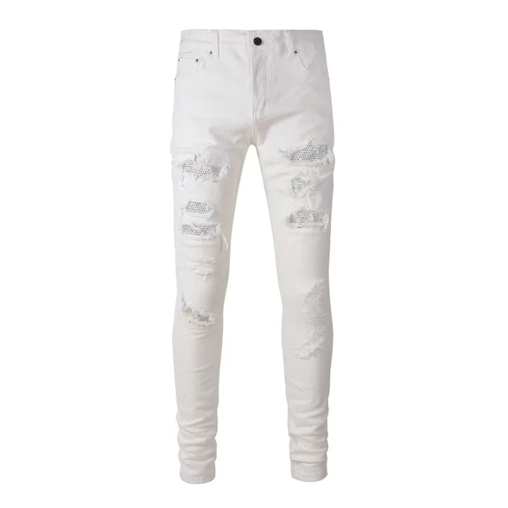 Men's Beige White Slim Fit Distressed Jeans with Transparent Faceted Crystals