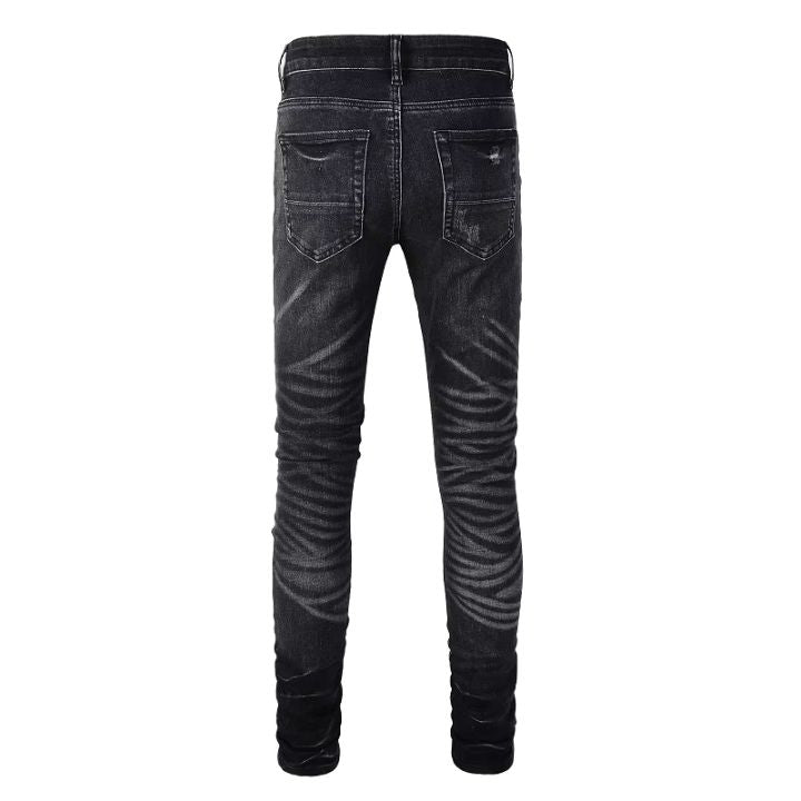 Men's Black Skinny Fit Distressed Jeans with Crystal Patches