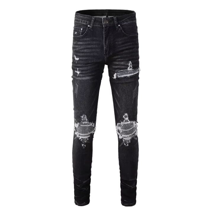Men's Black Skinny Fit Distressed Jeans with Crystal Patches