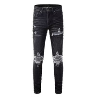 Men's Black Skinny Fit Distressed Jeans with Crystal Patches