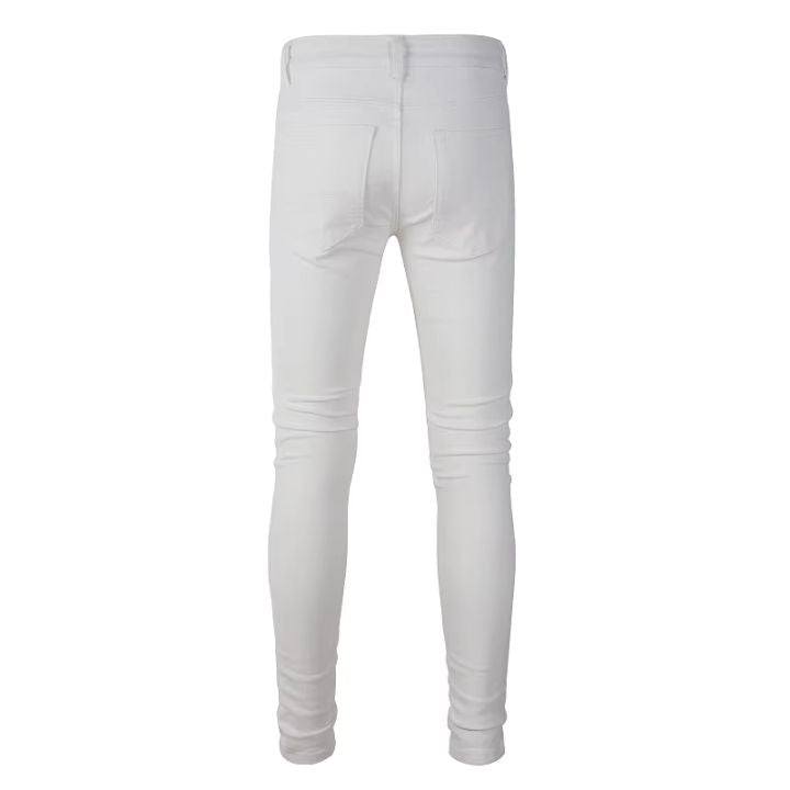 Men's White Slim Fit Ripped Jeans with Faceted Crystal Patch Detail