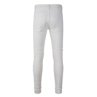 Men's White Slim Fit Ripped Jeans with Faceted Crystal Patch Detail