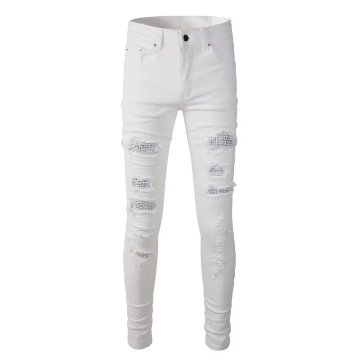 Men's White Slim Fit Ripped Jeans with Faceted Crystal Patch Detail