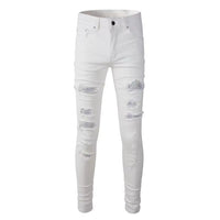 Men's White Slim Fit Ripped Jeans with Faceted Crystal Patch Detail
