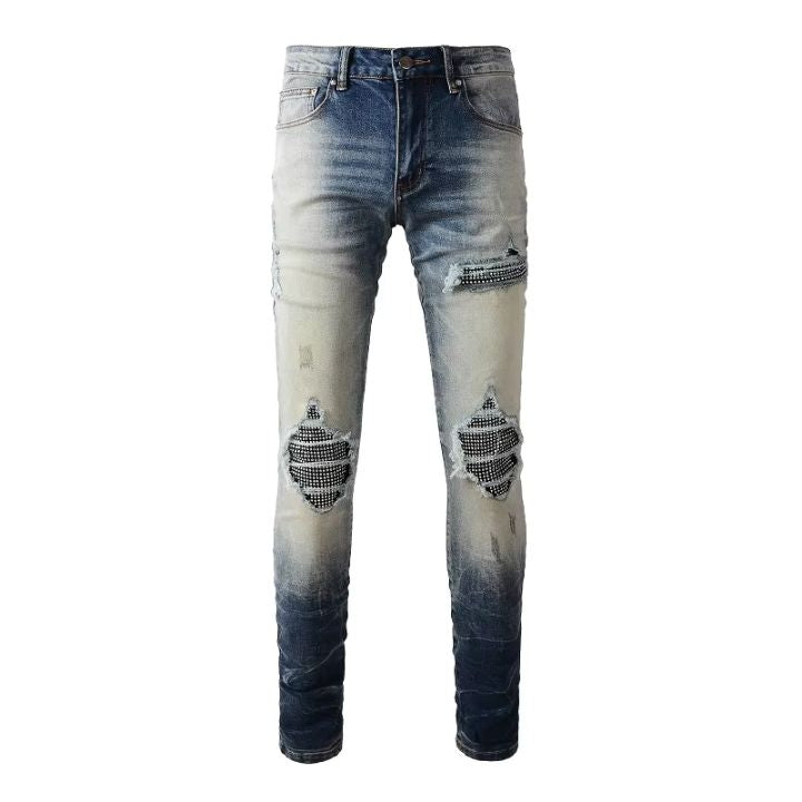 Men's Skinny Fit Crystals-Patch Distressed Jeans