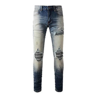 Men's Skinny Fit Crystals-Patch Distressed Jeans