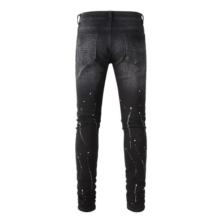 Men's Black Graffiti Slim-Cut Rhinestone Distressed Jeans