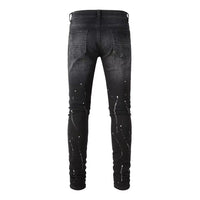 Men's Black Graffiti Slim-Cut Rhinestone Distressed Jeans
