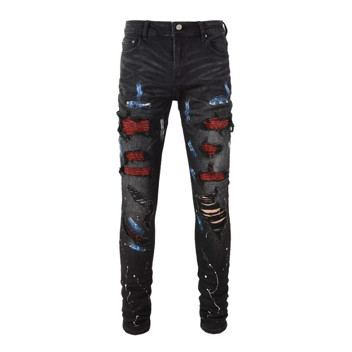 Men's Black Graffiti Slim-Cut Rhinestone Distressed Jeans