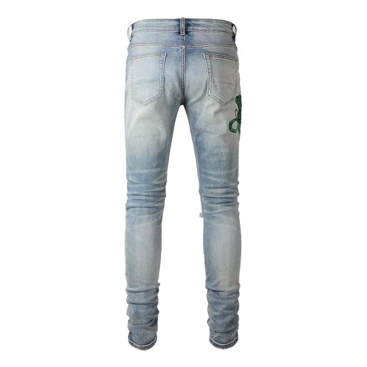 Light Blue Skinny Fit Ripped Jeans with Embroidered Snake Patch Detail for Men