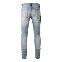 Light Blue Skinny Fit Ripped Jeans with Embroidered Snake Patch Detail for Men