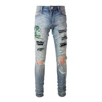 Light Blue Skinny Fit Ripped Jeans with Embroidered Snake Patch Detail for Men