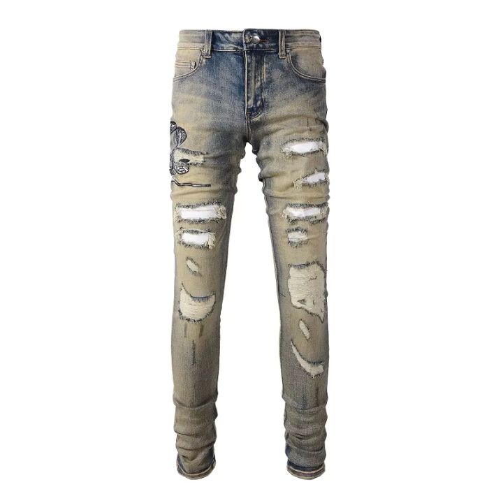 Worn-In Light Blue and Faded Yellow Skinny Fit Jeans with Embroidered Snake